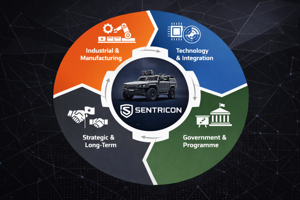 Sentricon partnership ecosystem diagram showing industrial, technology, government, and strategic defence partner categories.